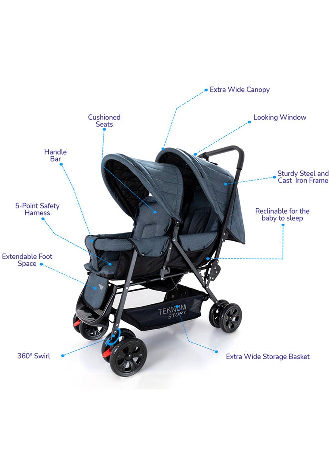 Double Baby Stroller Wide Seat And Canopy 360° Rotating Wheels