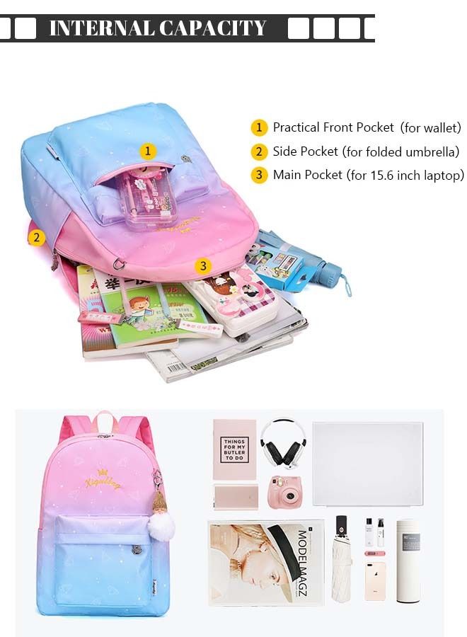 3pcs Starry Sky Printing Cute Functional Backpack Set Large Capacity Schoolbag and Shoulder Bag and Pencil Case with Doll Pendant for Kids/Girls Pink/Blue