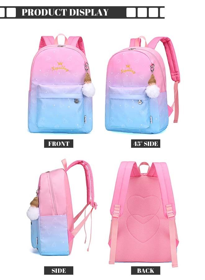 3pcs Starry Sky Printing Cute Functional Backpack Set Large Capacity Schoolbag and Shoulder Bag and Pencil Case with Doll Pendant for Kids/Girls Pink/Blue