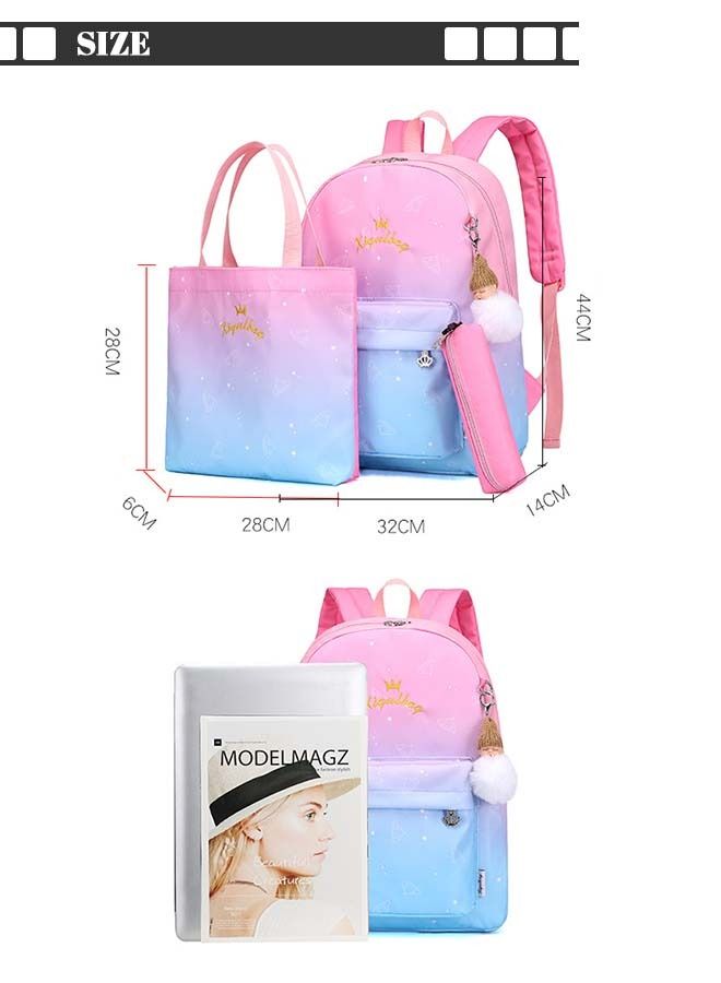 3pcs Starry Sky Printing Cute Functional Backpack Set Large Capacity Schoolbag and Shoulder Bag and Pencil Case with Doll Pendant for Kids/Girls Pink/Blue