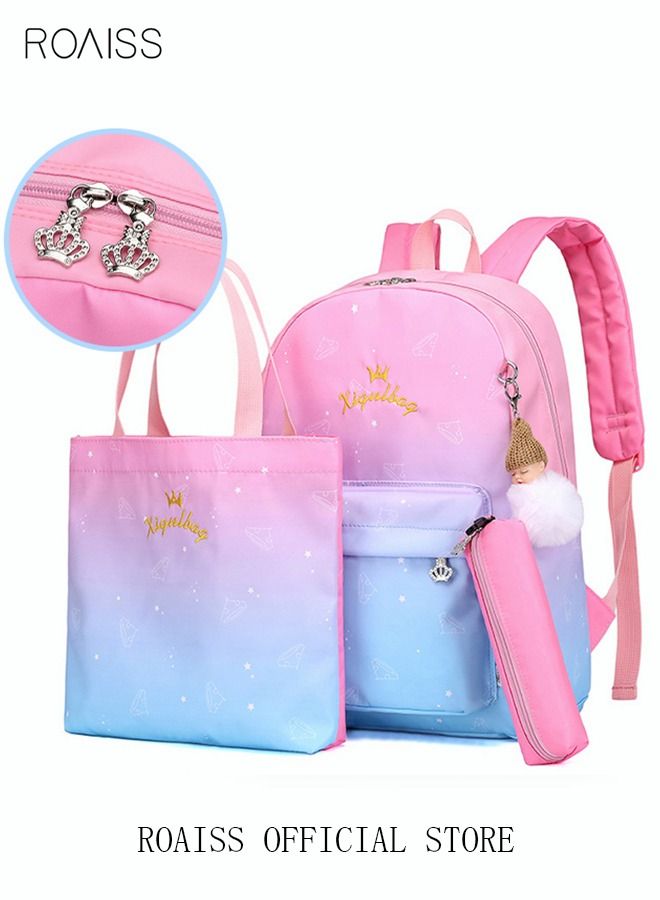 3pcs Starry Sky Printing Cute Functional Backpack Set Large Capacity Schoolbag and Shoulder Bag and Pencil Case with Doll Pendant for Kids/Girls Pink/Blue