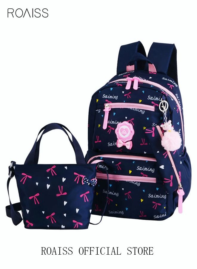 3pcs Heart and Bowknot Printed Graphic Cute Functional Backpack Set Schoolbag and Shoulder Bag and Pencil Case with Doll Pendant for Kids/Girls Dark Blue/Pink