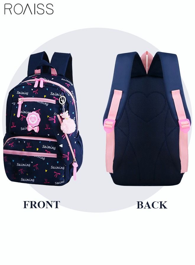 3pcs Heart and Bowknot Printed Graphic Cute Functional Backpack Set Schoolbag and Shoulder Bag and Pencil Case with Doll Pendant for Kids/Girls Dark Blue/Pink