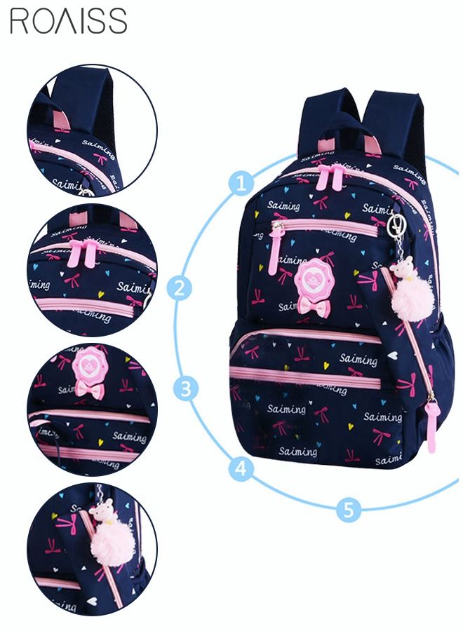 3pcs Heart and Bowknot Printed Graphic Cute Functional Backpack Set Schoolbag and Shoulder Bag and Pencil Case with Doll Pendant for Kids/Girls Dark Blue/Pink