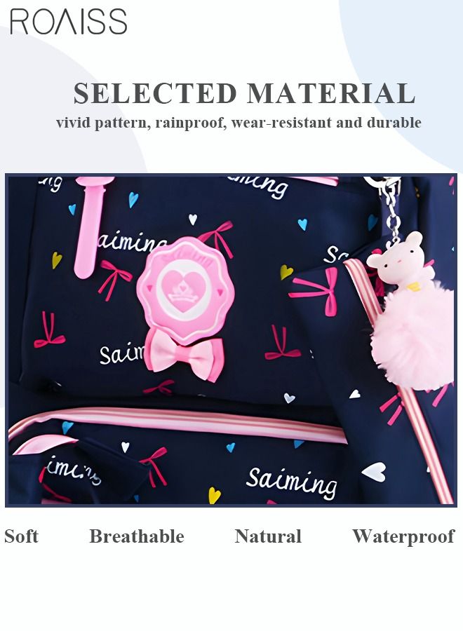 3pcs Heart and Bowknot Printed Graphic Cute Functional Backpack Set Schoolbag and Shoulder Bag and Pencil Case with Doll Pendant for Kids/Girls Dark Blue/Pink