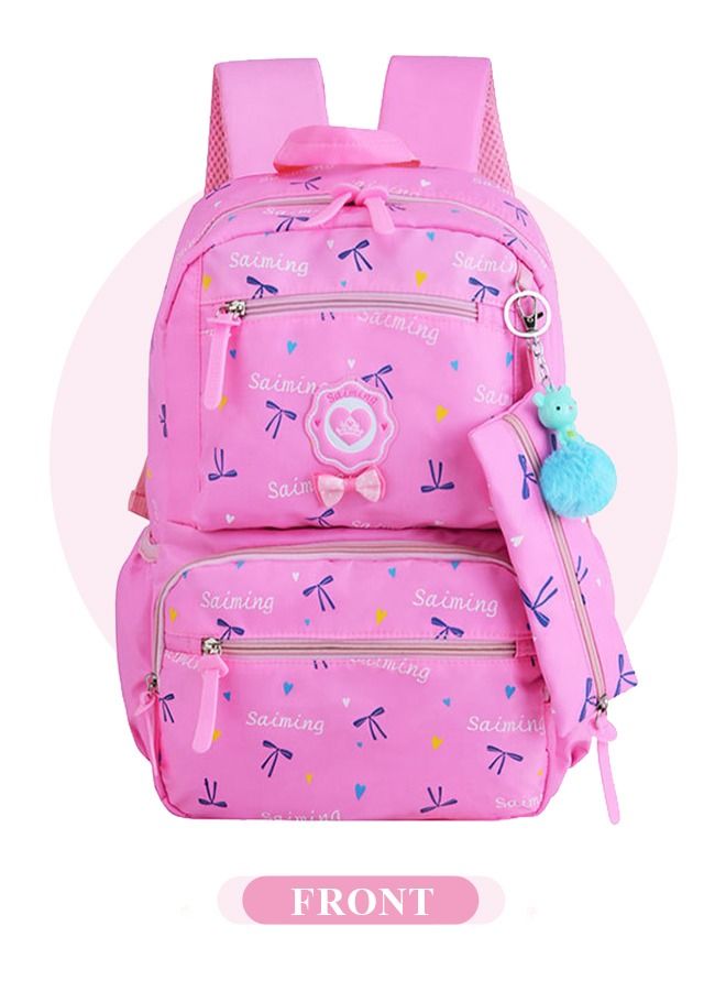 3pcs Heart and Bowknot Printed Graphic Cute Functional Backpack Set Schoolbag and Shoulder Bag and Pencil Case with Doll Pendant for Kids/Girls Pink