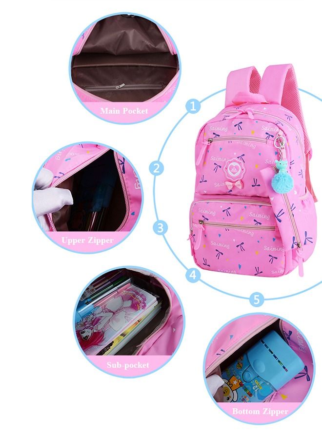 3pcs Heart and Bowknot Printed Graphic Cute Functional Backpack Set Schoolbag and Shoulder Bag and Pencil Case with Doll Pendant for Kids/Girls Pink