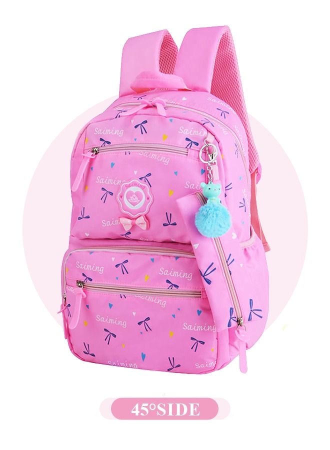 3pcs Heart and Bowknot Printed Graphic Cute Functional Backpack Set Schoolbag and Shoulder Bag and Pencil Case with Doll Pendant for Kids/Girls Pink