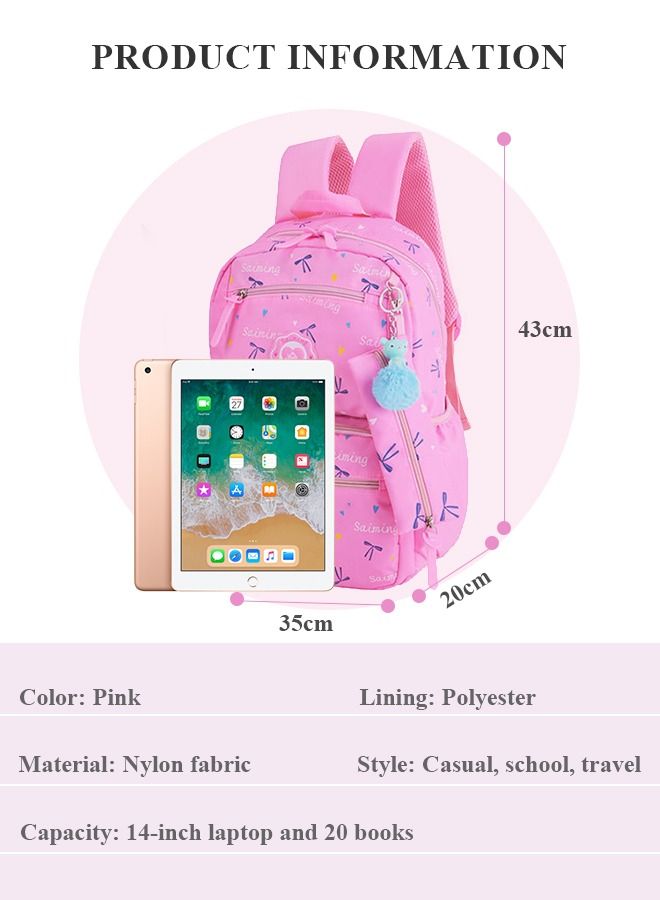 3pcs Heart and Bowknot Printed Graphic Cute Functional Backpack Set Schoolbag and Shoulder Bag and Pencil Case with Doll Pendant for Kids/Girls Pink