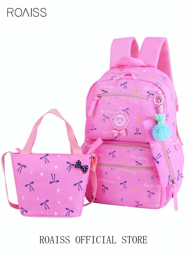 3pcs Heart and Bowknot Printed Graphic Cute Functional Backpack Set Schoolbag and Shoulder Bag and Pencil Case with Doll Pendant for Kids/Girls Pink