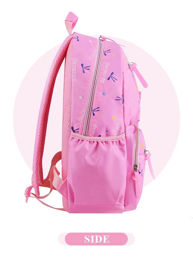 3pcs Heart and Bowknot Printed Graphic Cute Functional Backpack Set Schoolbag and Shoulder Bag and Pencil Case with Doll Pendant for Kids/Girls Pink