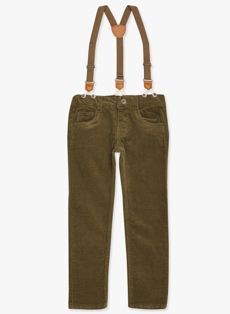 Boys Suspenders Detailed Corduroy Pants Olive