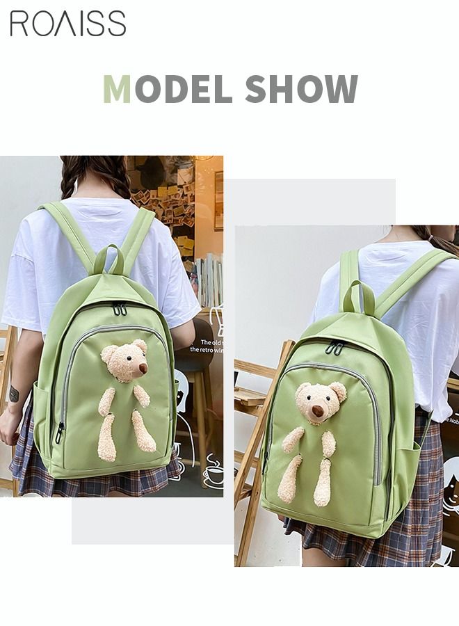 4 Pcs Casual Doll Backpack Set Cute Bear Sweet Large Capacity Canvas Schoolbag Crossbody Sling Bag Totes Pencil Case for Kids Girls Middle School Students Green