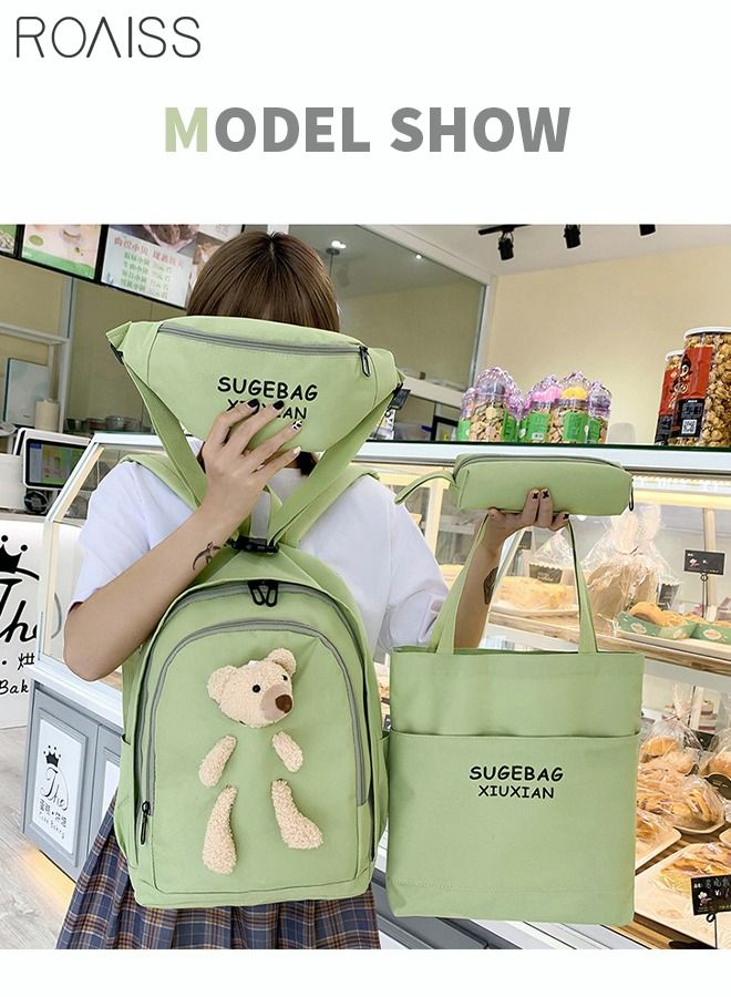 4 Pcs Casual Doll Backpack Set Cute Bear Sweet Large Capacity Canvas Schoolbag Crossbody Sling Bag Totes Pencil Case for Kids Girls Middle School Students Green