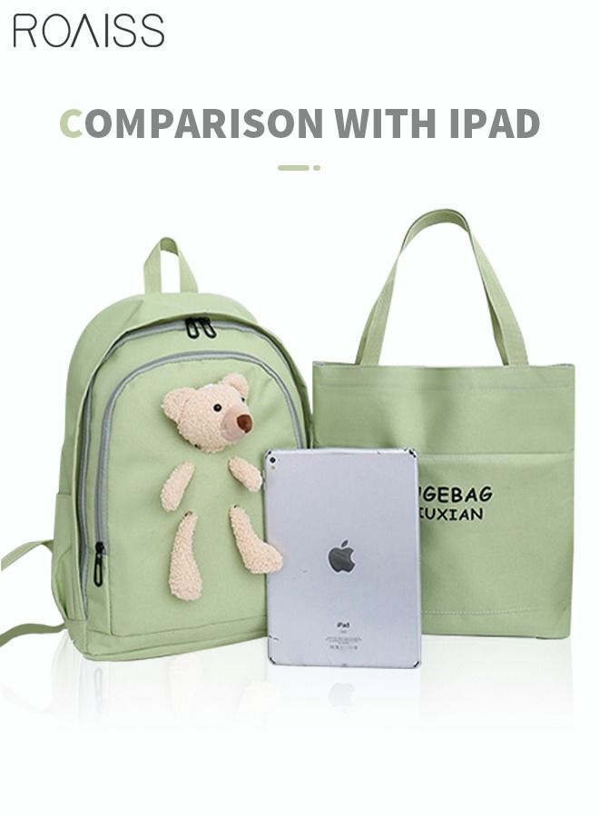 4 Pcs Casual Doll Backpack Set Cute Bear Sweet Large Capacity Canvas Schoolbag Crossbody Sling Bag Totes Pencil Case for Kids Girls Middle School Students Green