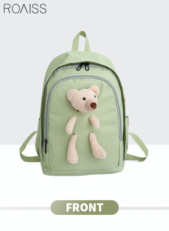 4 Pcs Casual Doll Backpack Set Cute Bear Sweet Large Capacity Canvas Schoolbag Crossbody Sling Bag Totes Pencil Case for Kids Girls Middle School Students Green