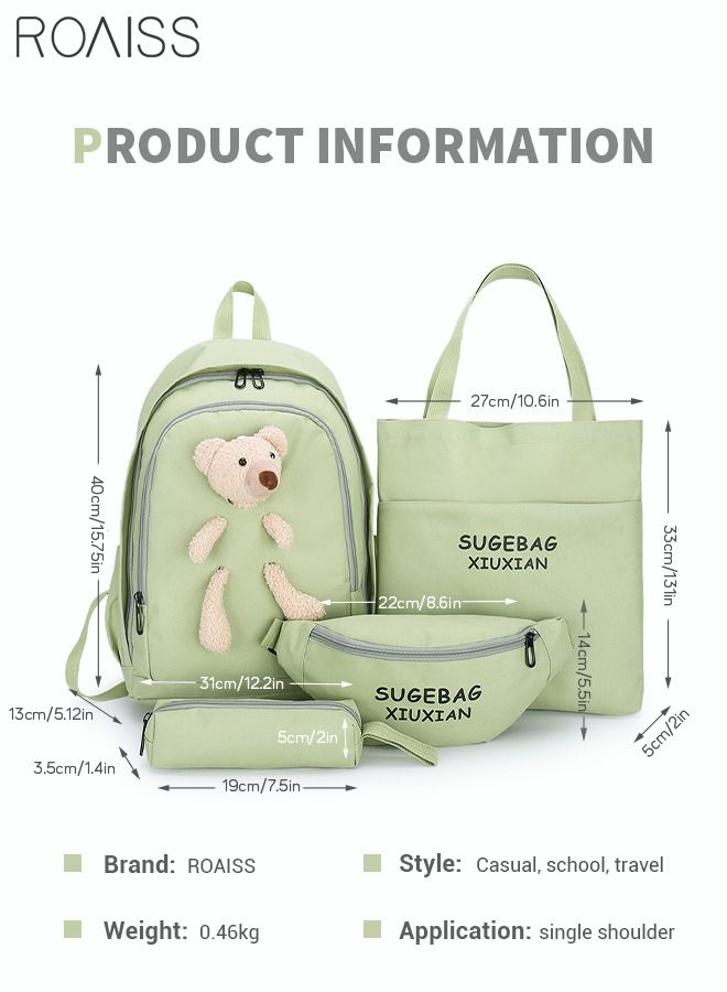 4 Pcs Casual Doll Backpack Set Cute Bear Sweet Large Capacity Canvas Schoolbag Crossbody Sling Bag Totes Pencil Case for Kids Girls Middle School Students Green