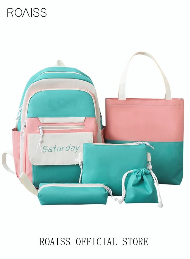 Letter Graphic Colorblock Backpack Set Large Capacity School Bags Shoulder Sweet Totes Pencil Case for Kids Girls Middle School Students