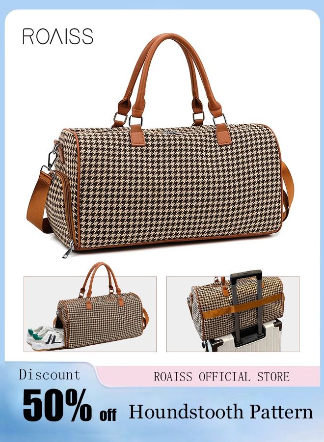 Houndstooth Pattern Large Capacity Duffel Bag Retro Chic Luggage Handbag Wet and Dry Separation Shoes Compartment Crossbody Bag for Women Fitness Sports Trip Brown