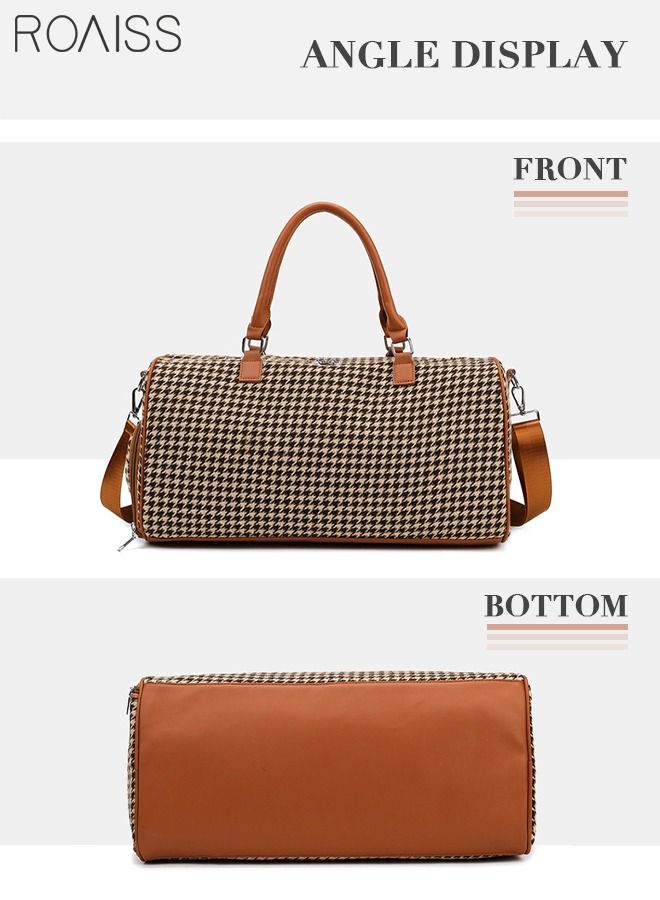 Houndstooth Pattern Large Capacity Duffel Bag Retro Chic Luggage Handbag Wet and Dry Separation Shoes Compartment Crossbody Bag for Women Fitness Sports Trip Brown