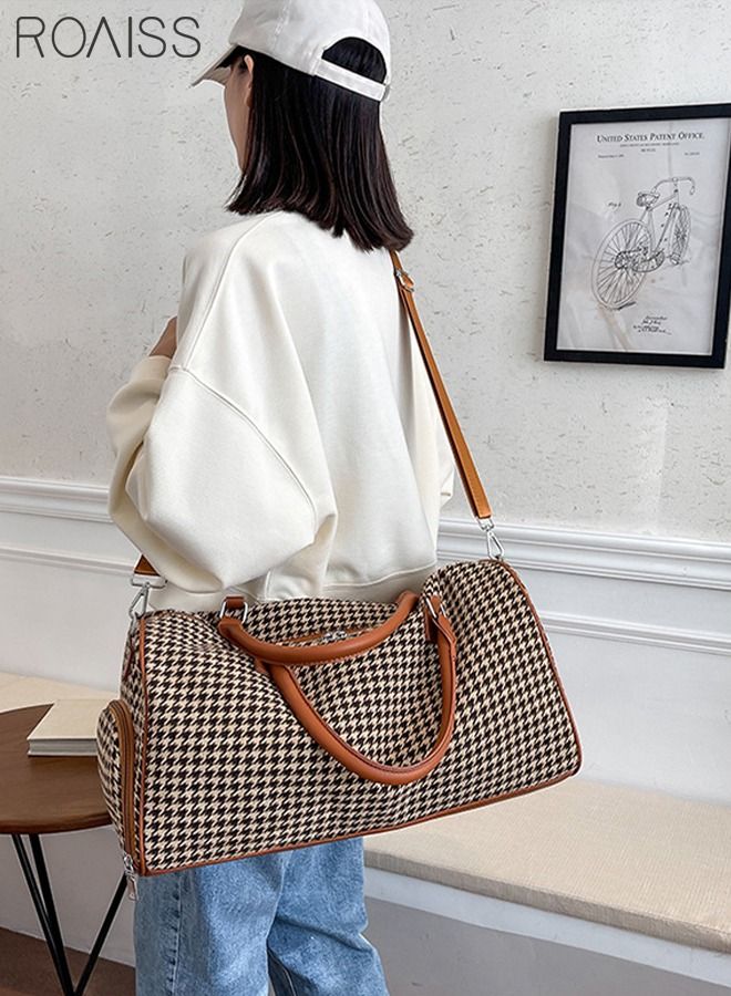 Houndstooth Pattern Large Capacity Duffel Bag Retro Chic Luggage Handbag Wet and Dry Separation Shoes Compartment Crossbody Bag for Women Fitness Sports Trip Brown