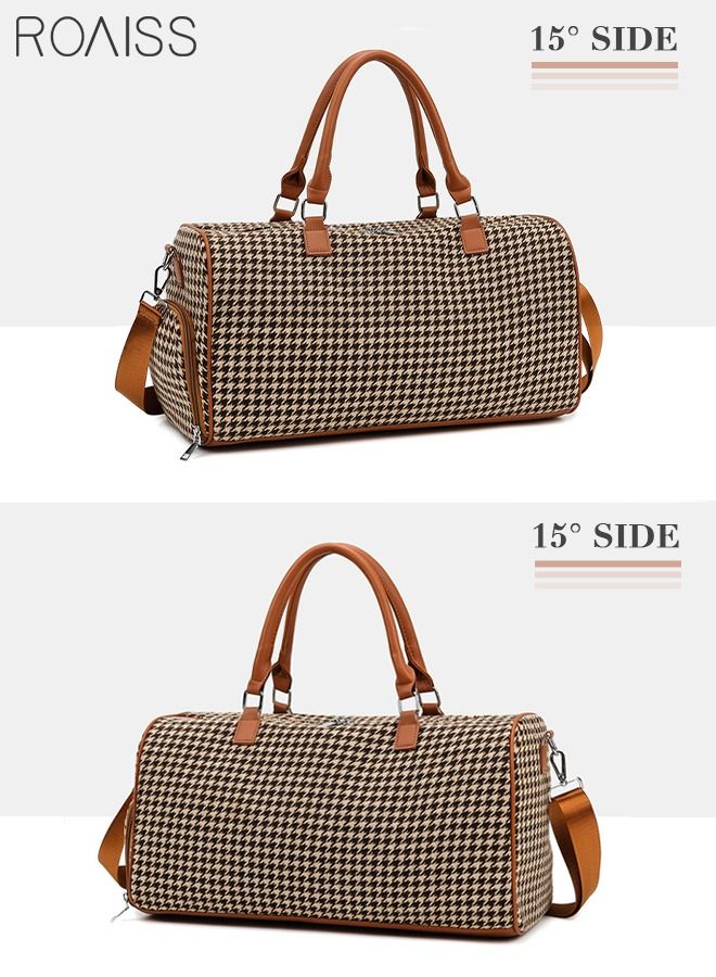 Houndstooth Pattern Large Capacity Duffel Bag Retro Chic Luggage Handbag Wet and Dry Separation Shoes Compartment Crossbody Bag for Women Fitness Sports Trip Brown