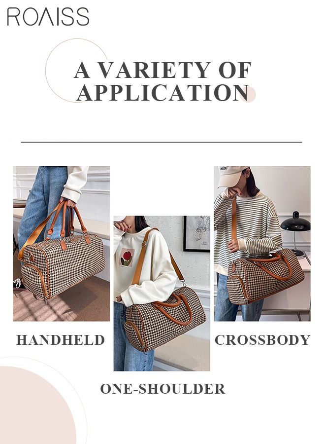 Houndstooth Pattern Large Capacity Duffel Bag Retro Chic Luggage Handbag Wet and Dry Separation Shoes Compartment Crossbody Bag for Women Fitness Sports Trip Brown