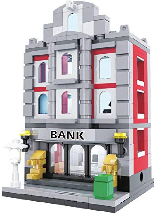 Exclusive Mini City Bank Custom Designed Model Compatible With Lego And Other Major Brick Brands 260 Pieces