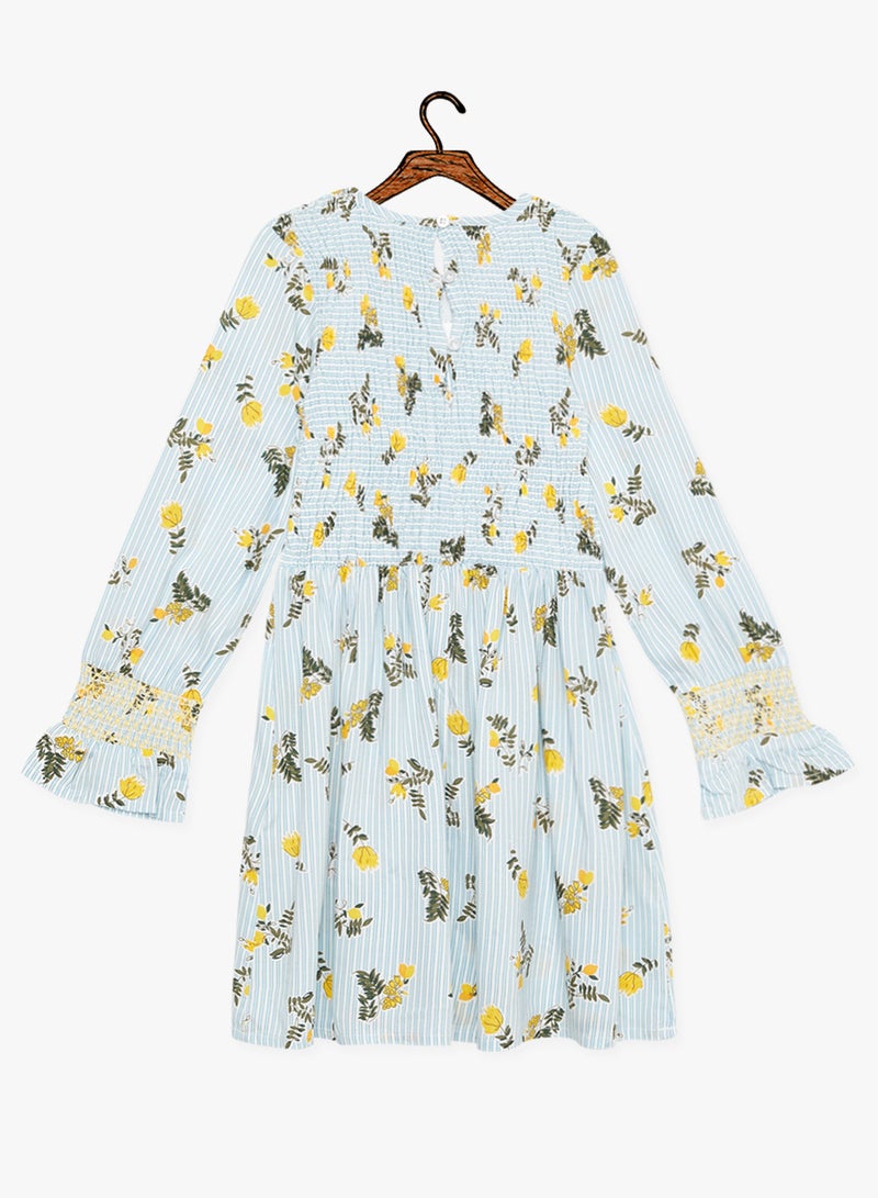 Classic Style Printed Smocked Dress Blue