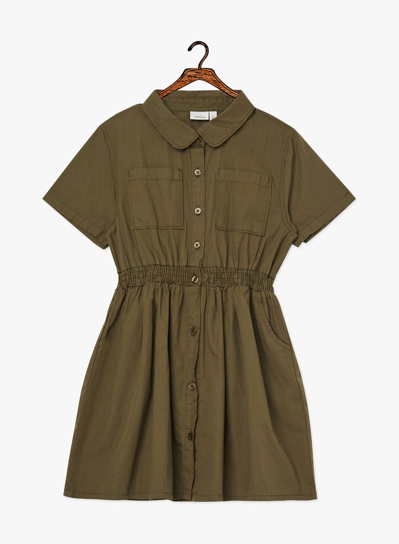 Elasticated Waist Shirt Dress Olive