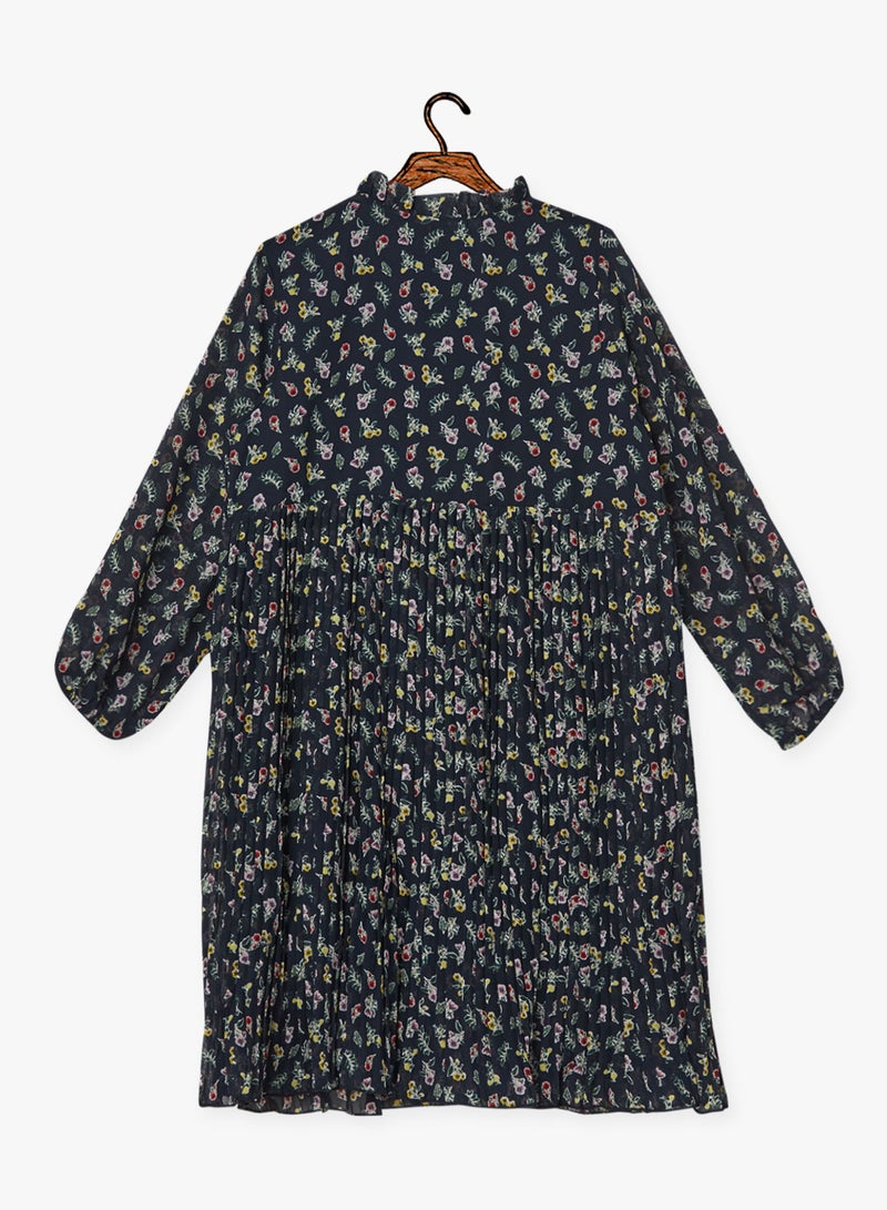 Classic Style Floral Pleated Dress Multicolour