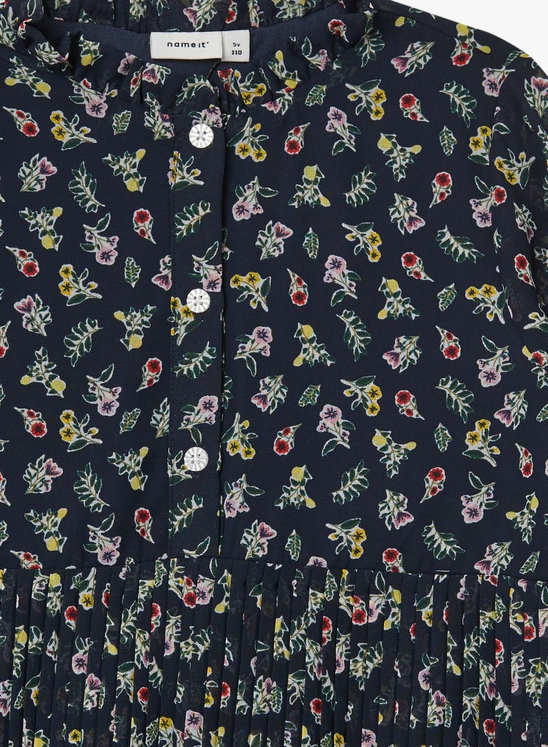 Classic Style Floral Pleated Dress Multicolour