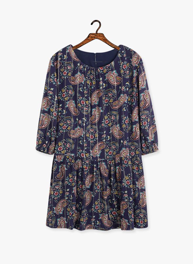 Pleated Printed Dress Navy