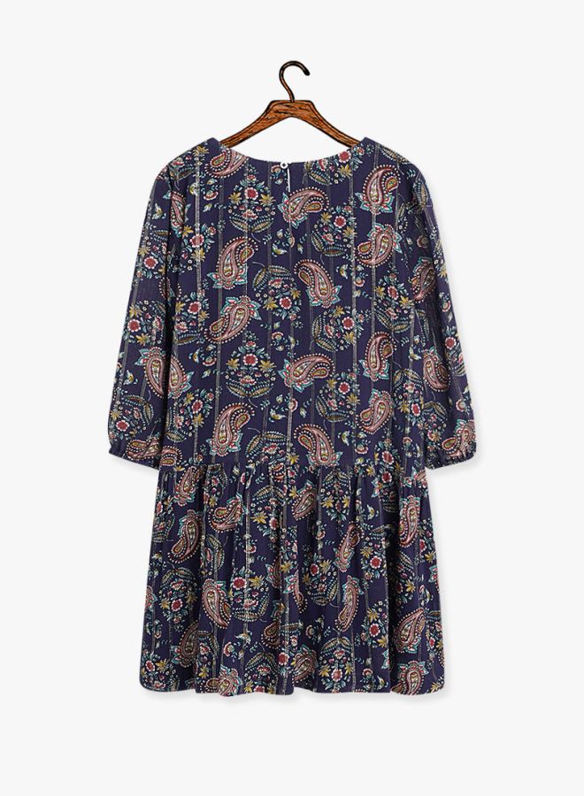 Pleated Printed Dress Navy