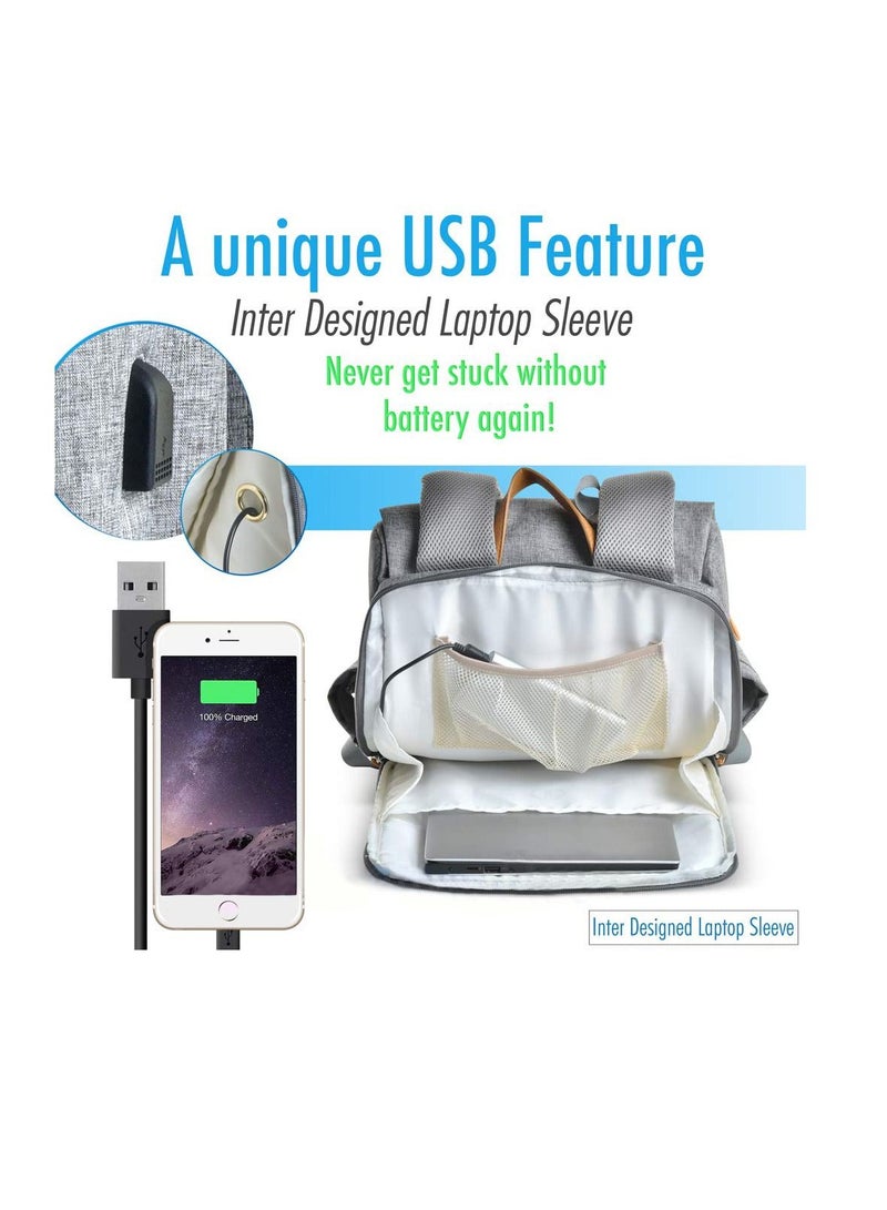 Multifunctional Diaper Organizer Bag With Laptop Compartment, USB Charging Cable, Insulated Pocket And Stroler Hooks- Grey