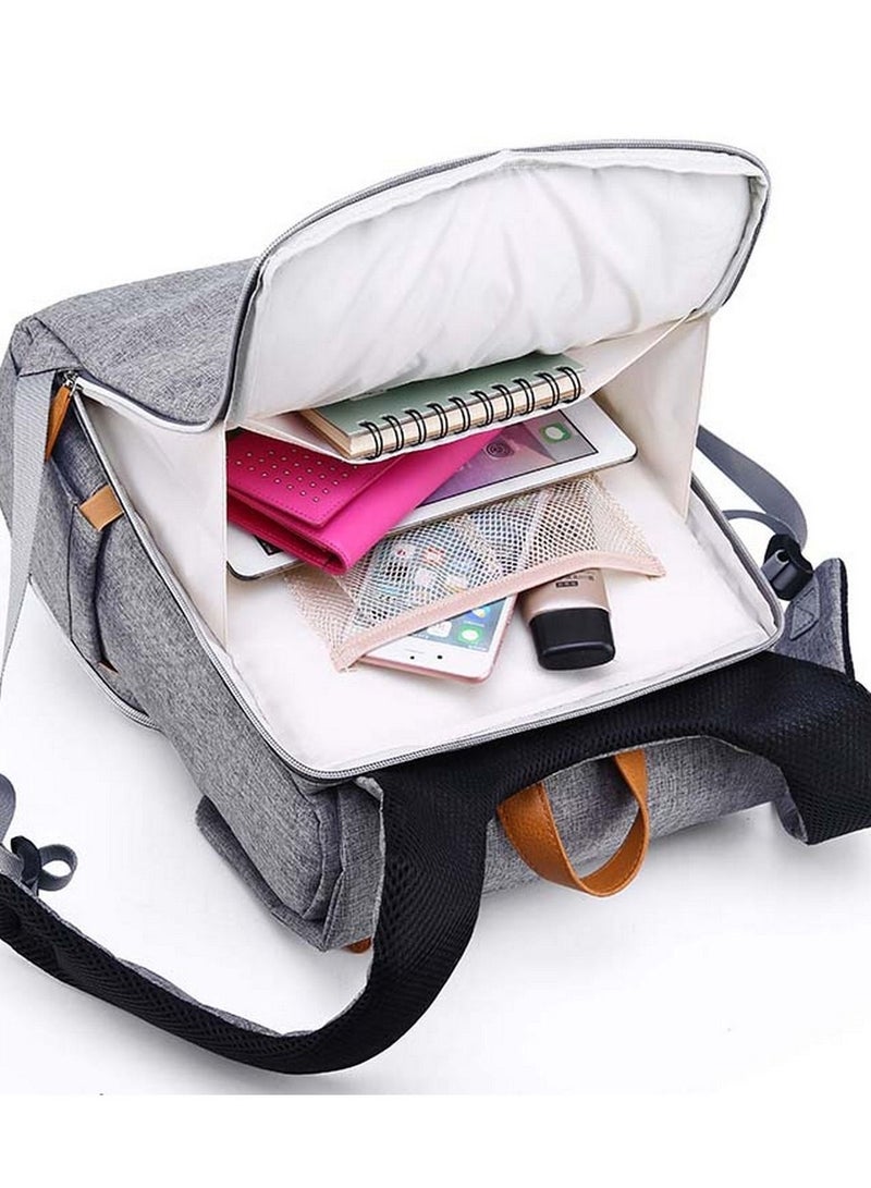 Multifunctional Diaper Organizer Bag With Laptop Compartment, USB Charging Cable, Insulated Pocket And Stroler Hooks- Grey