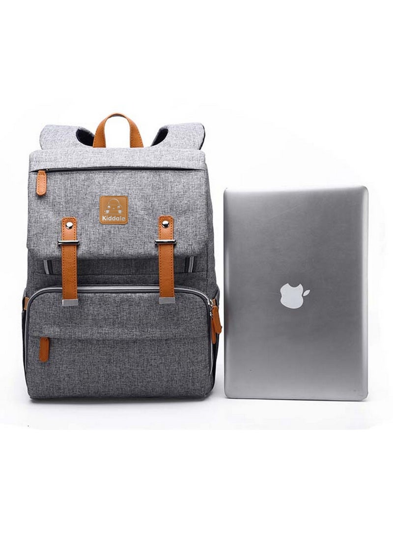 Multifunctional Diaper Organizer Bag With Laptop Compartment, USB Charging Cable, Insulated Pocket And Stroler Hooks- Grey