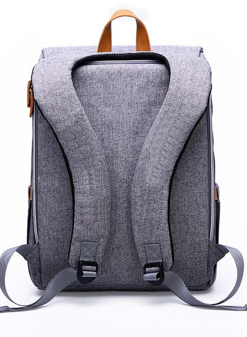 Multifunctional Diaper Organizer Bag With Laptop Compartment, USB Charging Cable, Insulated Pocket And Stroler Hooks- Grey