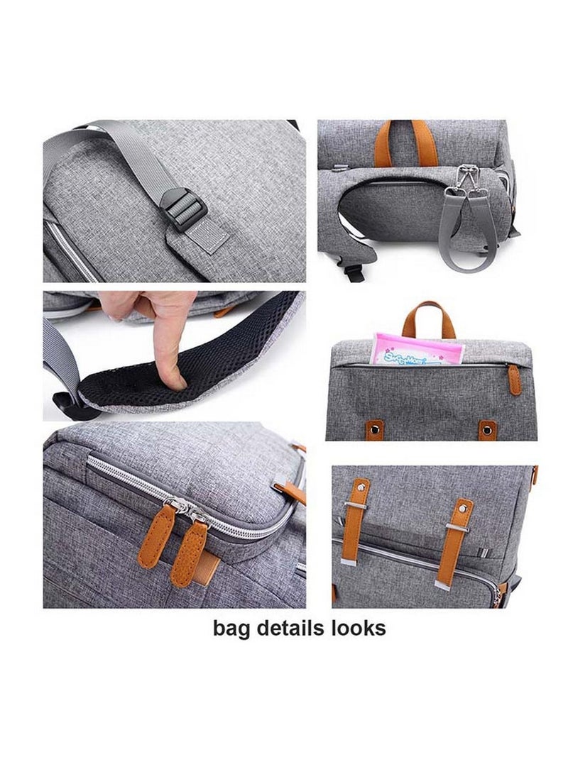 Multifunctional Diaper Organizer Bag With Laptop Compartment, USB Charging Cable, Insulated Pocket And Stroler Hooks- Grey