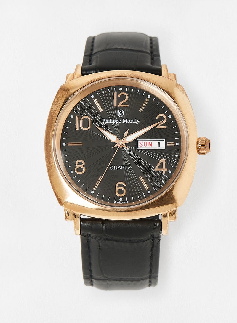 Leather Strap Analog Wrist Watch L1157RBB - 42mm - Black
