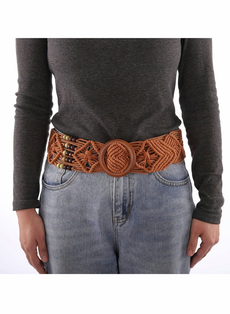 Women Boho Style Braid Waist Belts Retro Woven Belt for Vintage Casual Ladies Dress, Jeans with Wood Color Buckle