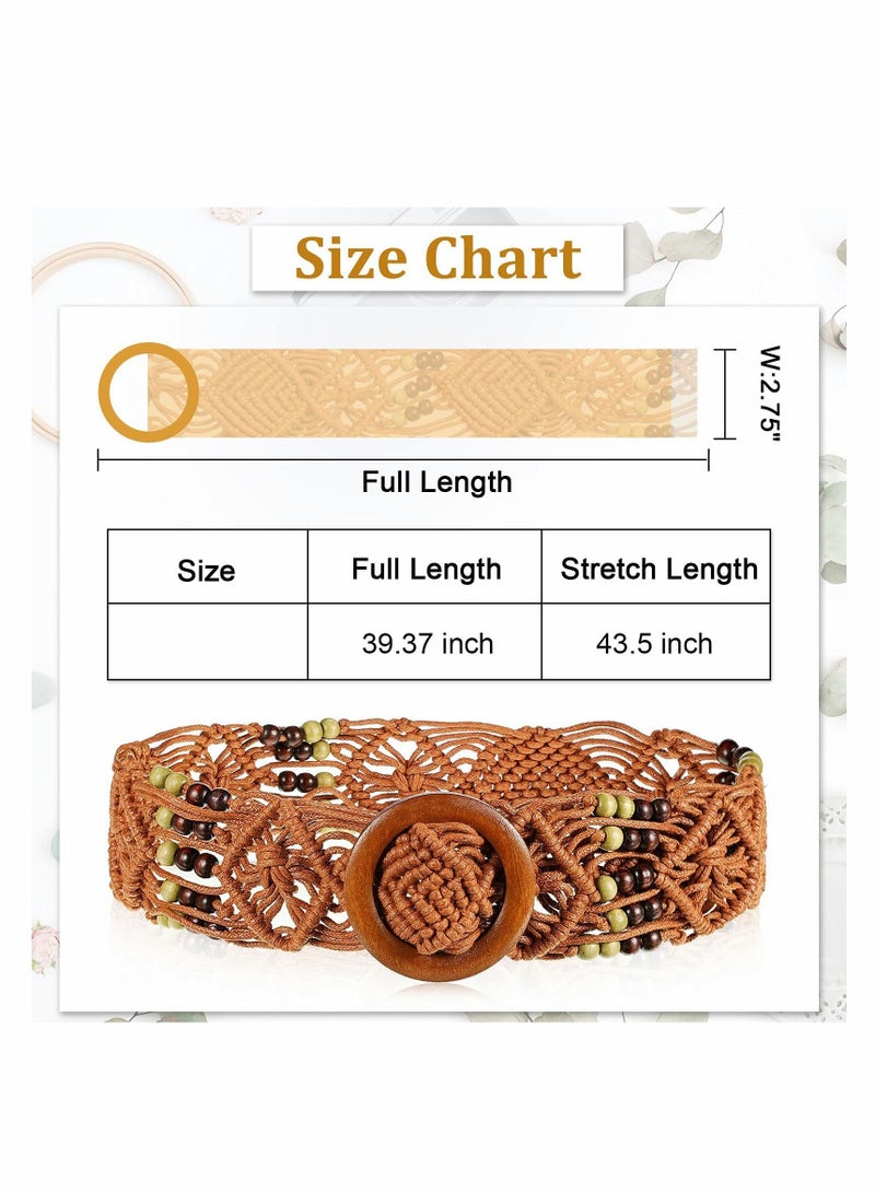 Women Boho Style Braid Waist Belts Retro Woven Belt for Vintage Casual Ladies Dress, Jeans with Wood Color Buckle