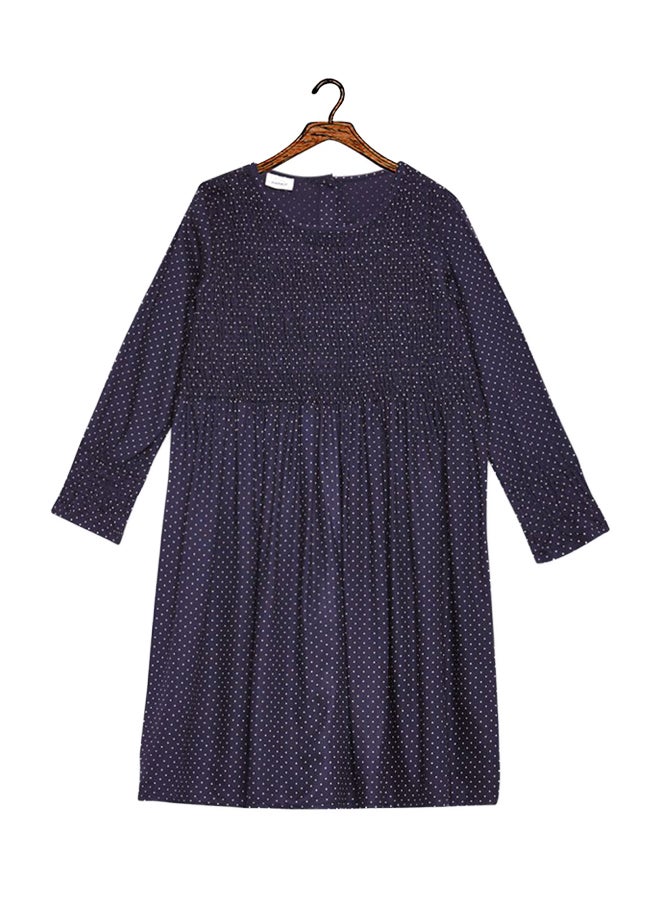 Smocked Panel Dotted Dress Navy