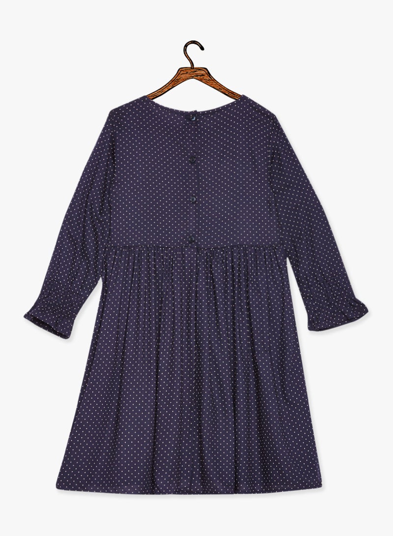 Smocked Panel Dotted Dress Navy