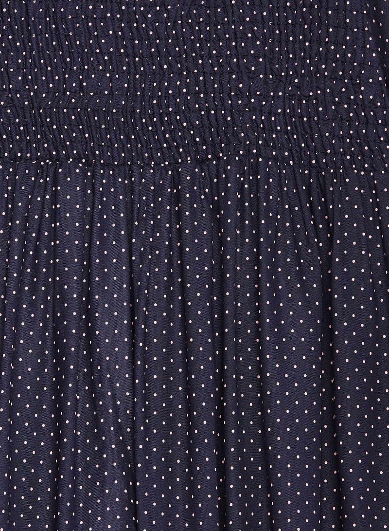 Smocked Panel Dotted Dress Navy