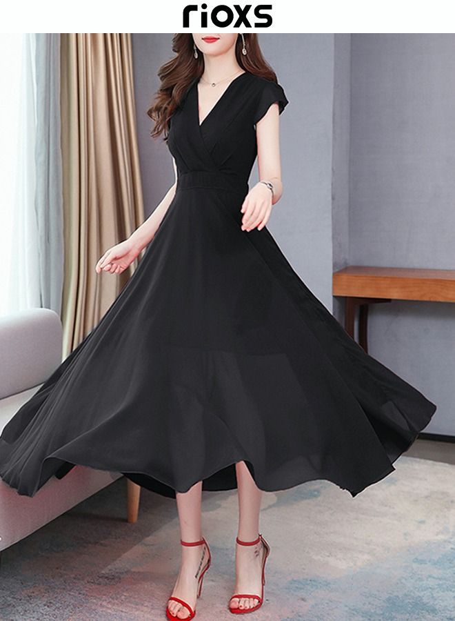 Women's Elegant High Waist Maxi Long Dress Black