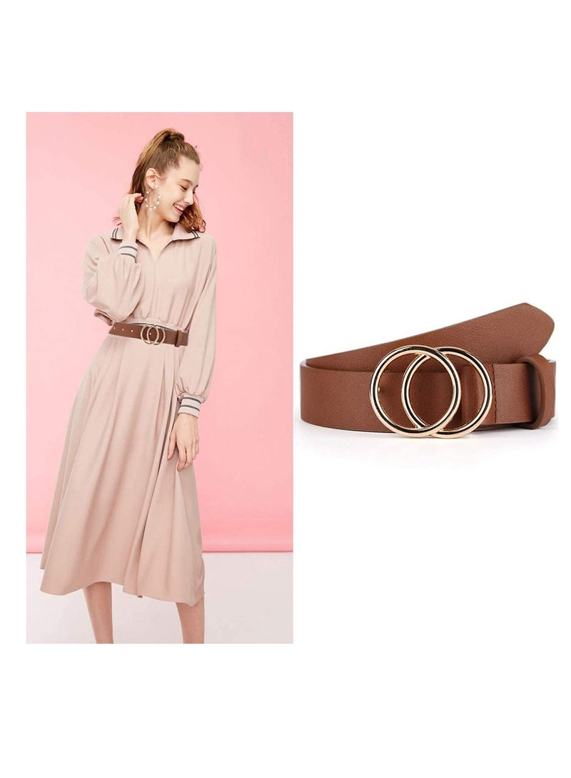 Women Belts for Jeans Dress with Fashion Double O-Ring Buckle and Soft PU Faux Leather Belt(M,2 PCS)