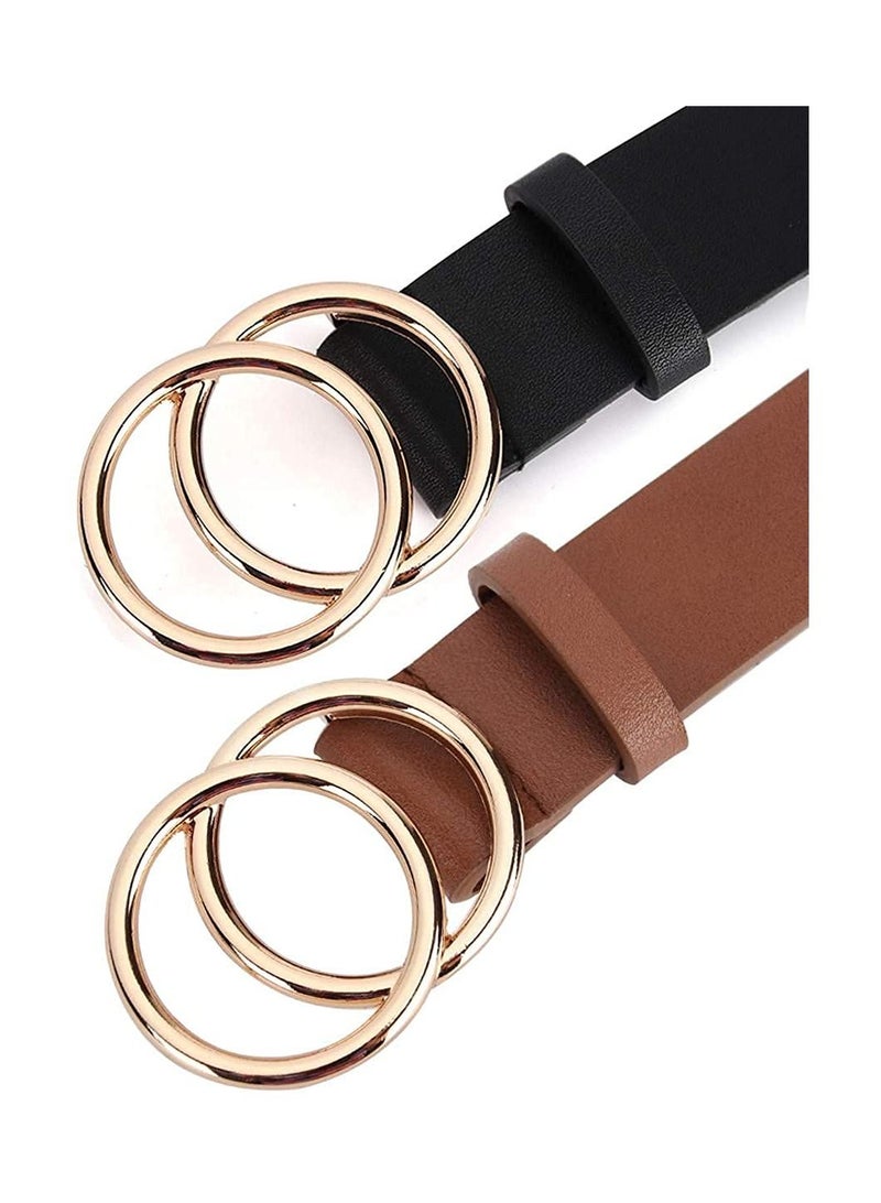 Women Belts for Jeans Dress with Fashion Double O-Ring Buckle and Soft PU Faux Leather Belt(M,2 PCS)