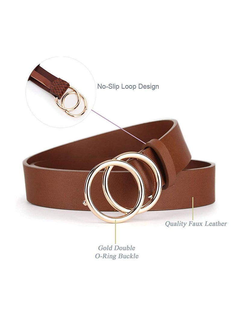 Women Belts for Jeans Dress with Fashion Double O-Ring Buckle and Soft PU Faux Leather Belt(M,2 PCS)