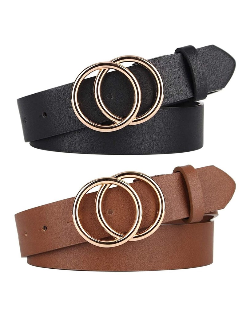 Women Belts for Jeans Dress with Fashion Double O-Ring Buckle and Soft PU Faux Leather Belt(M,2 PCS)